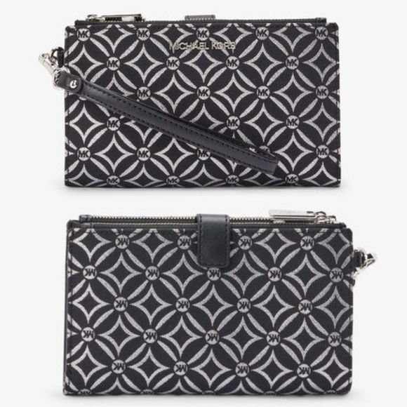 NWT Michael KorsBlack Silver Jet Set Metallic Logo Jacquard Wristlet $258